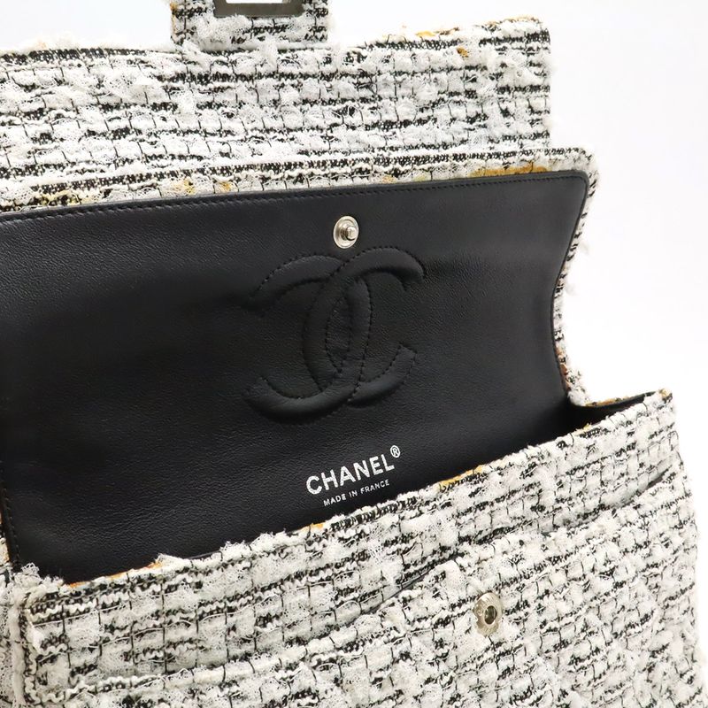 Chanel 255 Tweed Double Flap Chain Bag Shoulder Flower Motif Leather White Black — view 7
