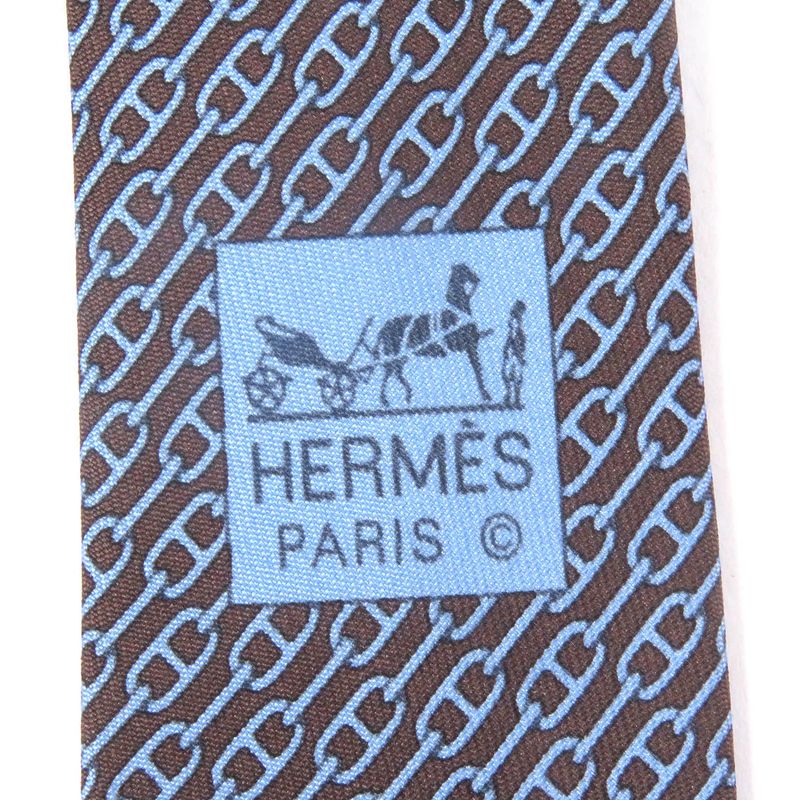 Hermes 5261 SA 100% Silk Chaine Chain All Over Pattern Cravat Wide Tie Brown Marron — view 7