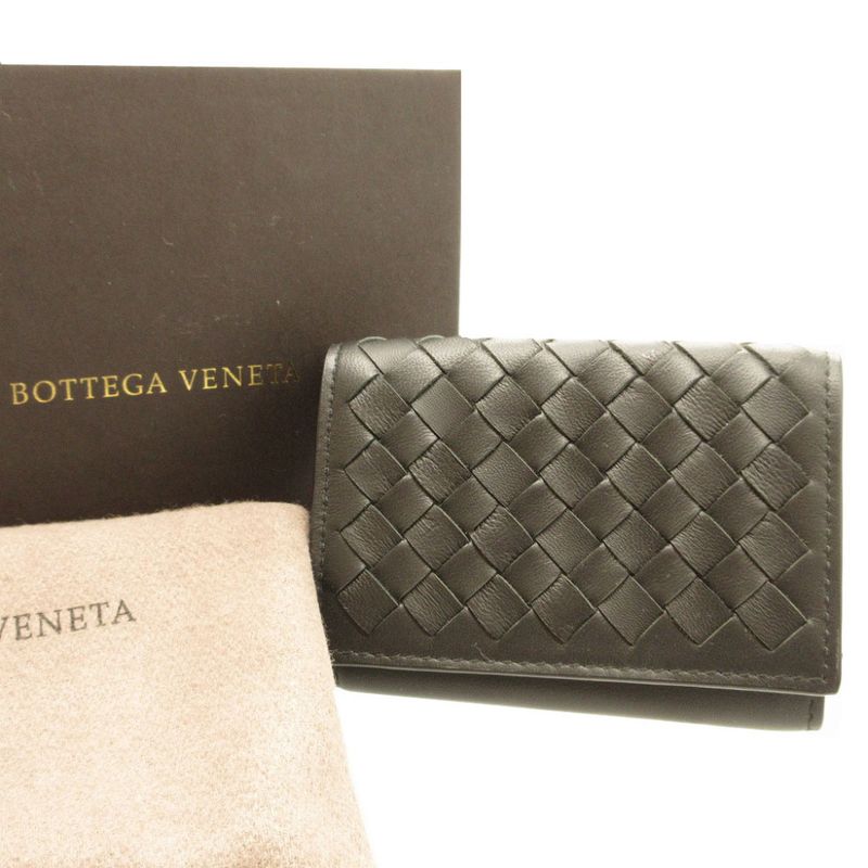 Bottega Veneta Intrecciato Compact Wallet Leather Black Gray Trifold — view 2
