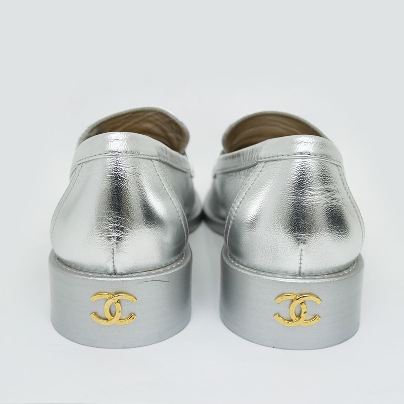 Chanel CC Logo Leather Loafers Silver Gold Hardware 37 1 2 — view 4