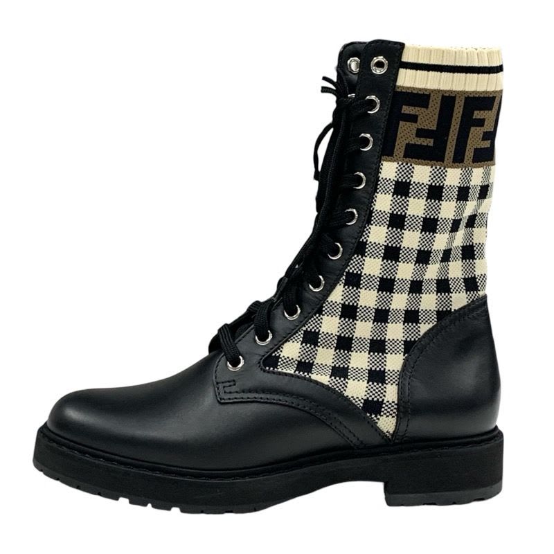 Fendi Rococo Boots Short Shoes Leather Fabric Black Ivory Brown Zucca — view 3