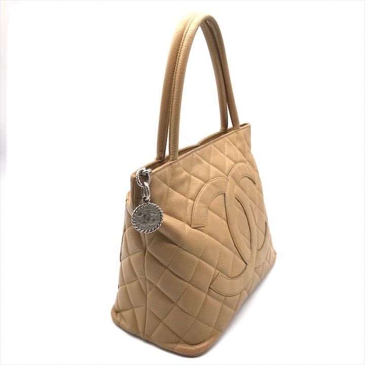 Chanel CC Logo Quilted Caviar Leather Tote Medallion Beige Silver — view 2