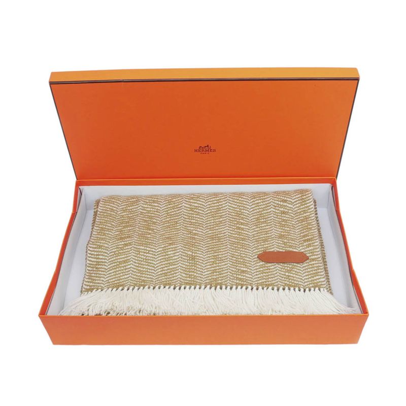 Hermes Muffler Wavy Double Face Beige Camel Cashmere Shawl Scarf — view 9