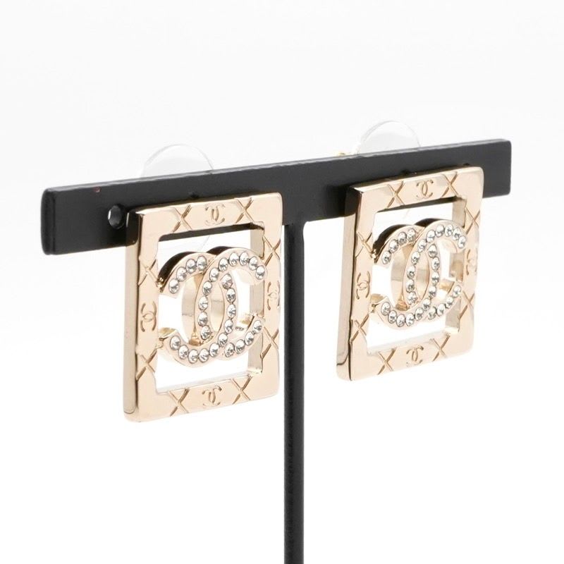 Chanel Earrings Gold Coco Mark Rhinestone Square — view 8
