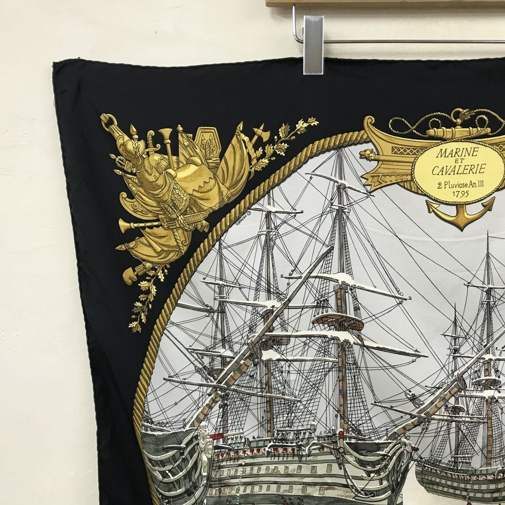 Hermes Carre 90 Marine Et Cavalerie Sea and Cavalry Large Scarf Black Multi All-over Print Silk — view 4