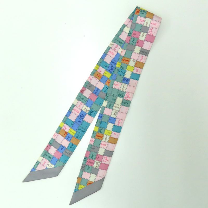 Hermes Twilly Bolduc Check Scarf Gray Multicolor 100% Silk — view 2