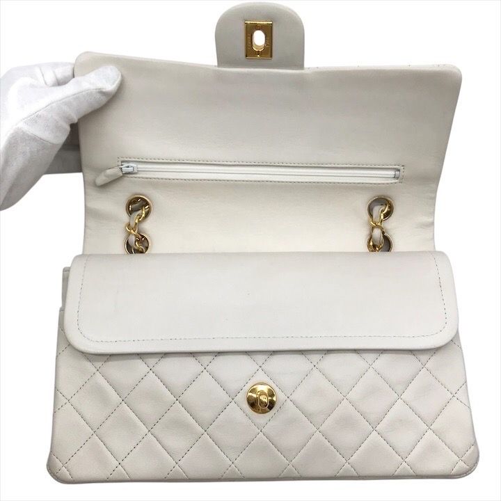 Chanel Lambskin Double Flap Chain Shoulder Bag White — view 7