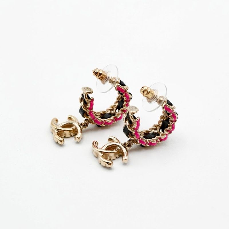Chanel Earrings Gold Black Pink Coco Mark Hoop — view 5