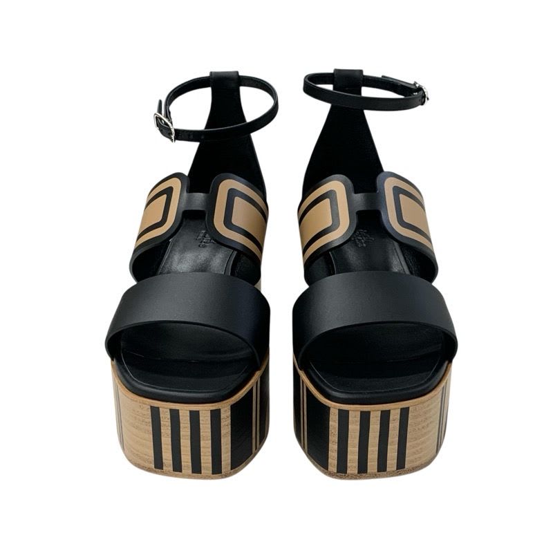 Hermes Charis Sandals Shoes Leather Black Brown Brides De Gala Quadri — view 2