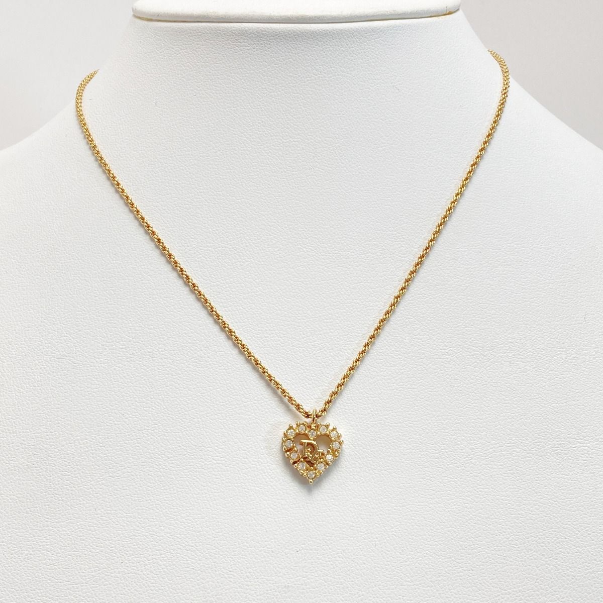 Christian Dior Logo Heart Rhinestone Necklace Gold GP — view 4