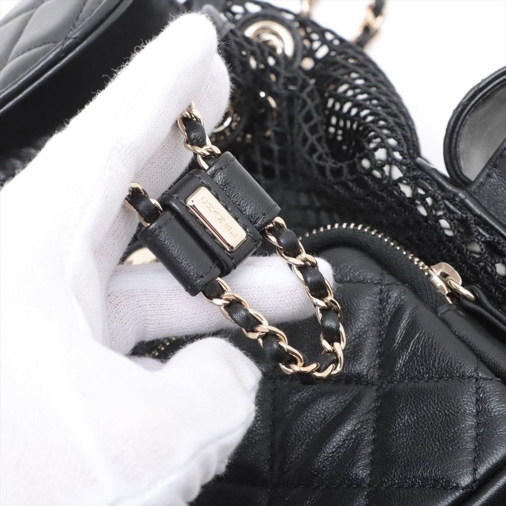 Chanel Quilted Lambskin Chain Backpack Mesh Black Gold Random Plate — view 9