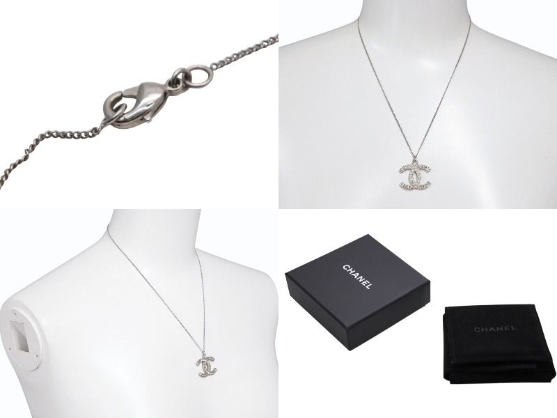 Chanel CC Logo Square Rhinestone Necklace 48 Silver Metal — view 5