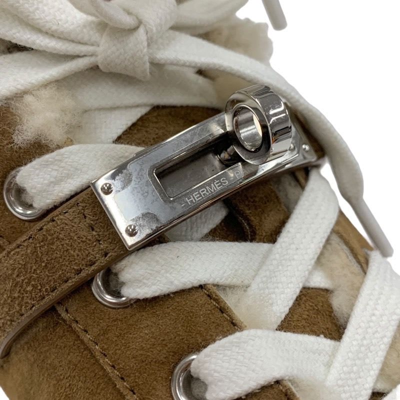 Hermes Day Sneakers Shoes Kelly Hardware Suede Shearling Brown — view 9