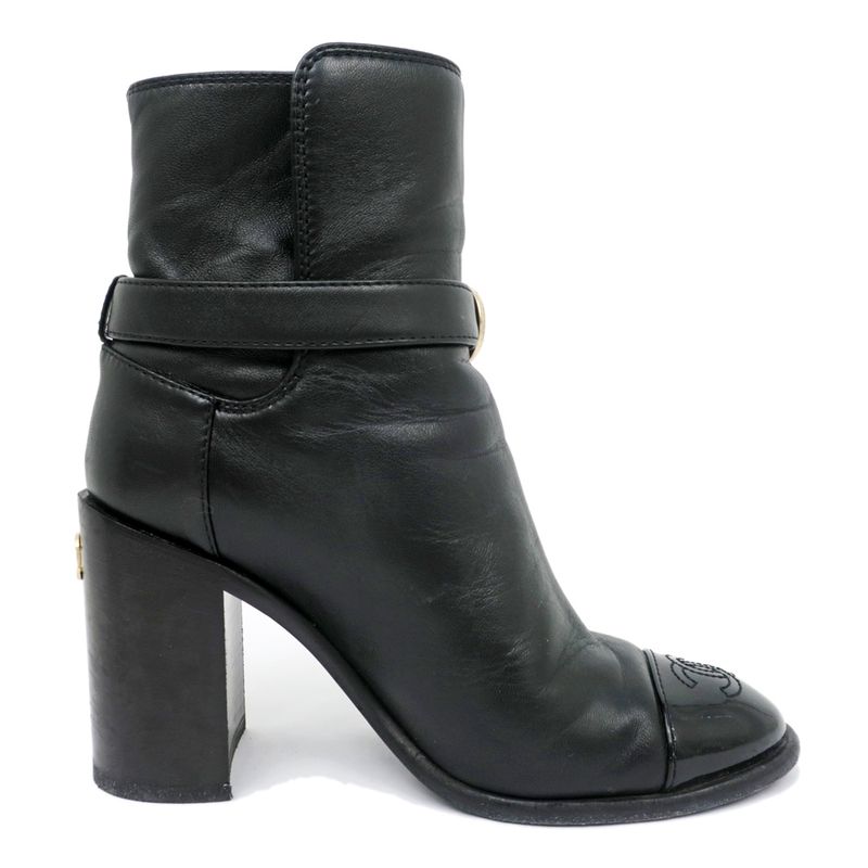 Chanel Ankle Boots 34 1 2 C Black Leather Patent CC Mark Shoes — view 2