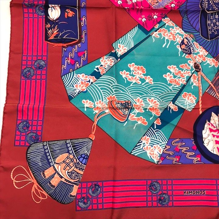 Hermes Carre 90 Scarf Silk 100% Kimono and Inro Red — view 7