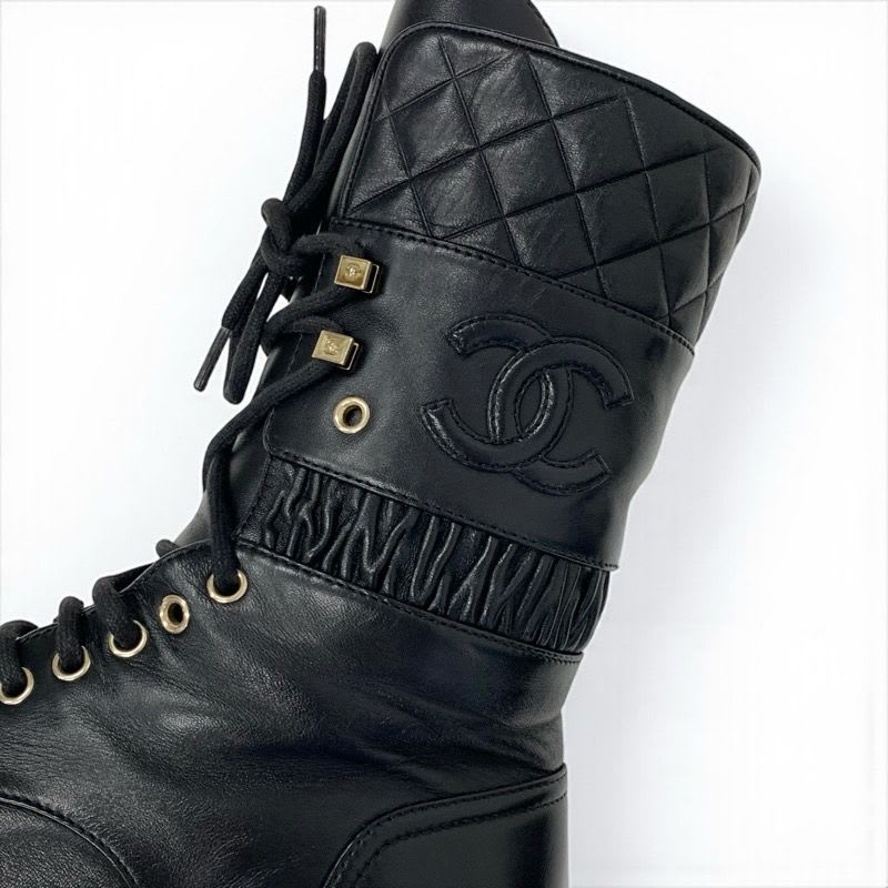 Chanel Boots Short Shoes Leather Black Coco Mark Quilted Lace Up Middle — view 9
