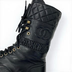 Chanel Boots Short Shoes Leather Black Coco Mark Quilted Lace Up Middle — view 9