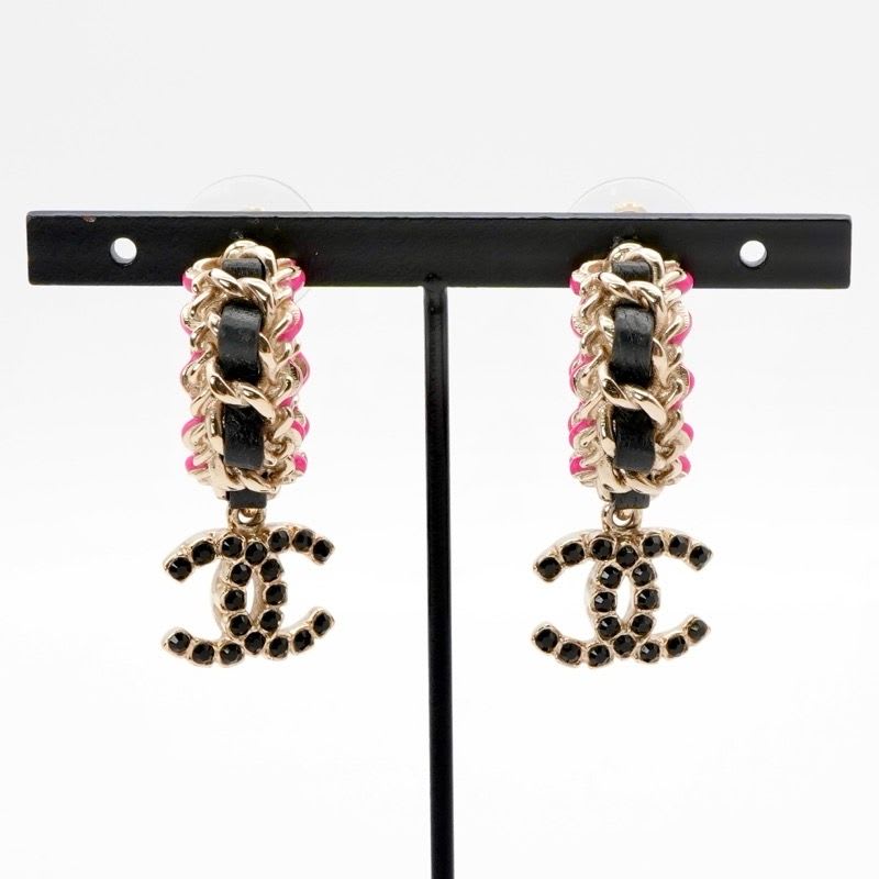 Chanel Earrings Gold Black Pink Coco Mark Hoop — view 8