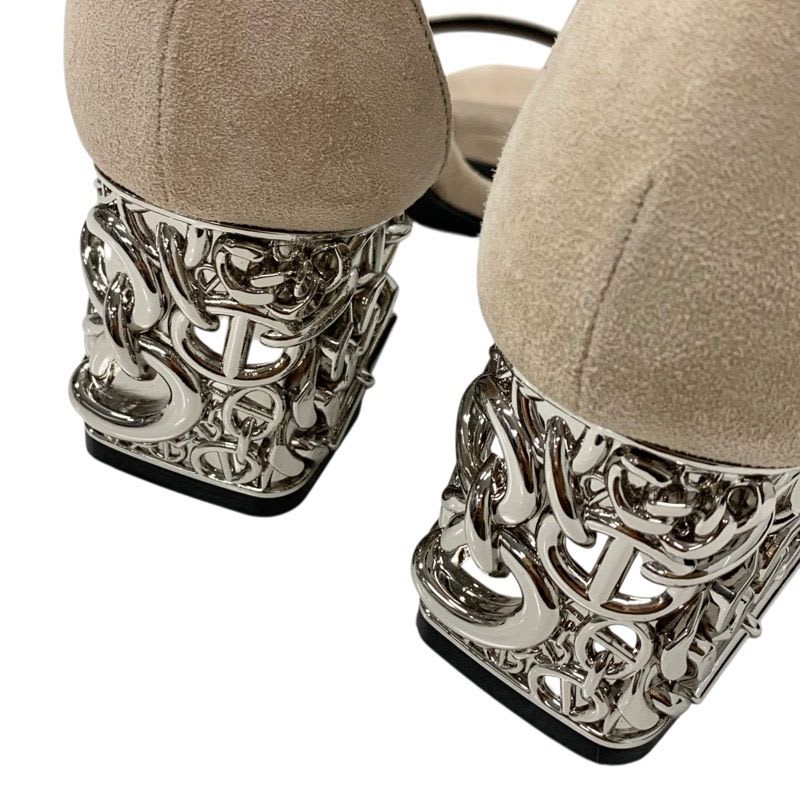 Hermes Gram 60 Sandals Shoes Suede Beige Silver Chaine D'ancre Metal Heel Strap — view 9