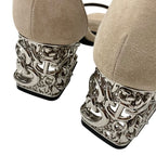 Hermes Gram 60 Sandals Shoes Suede Beige Silver Chaine D'ancre Metal Heel Strap — view 9