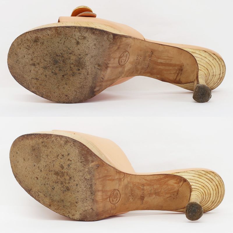 Chanel Sandals Mule Wood Button Coco Mark Pink Beige Size 35.5 — view 5