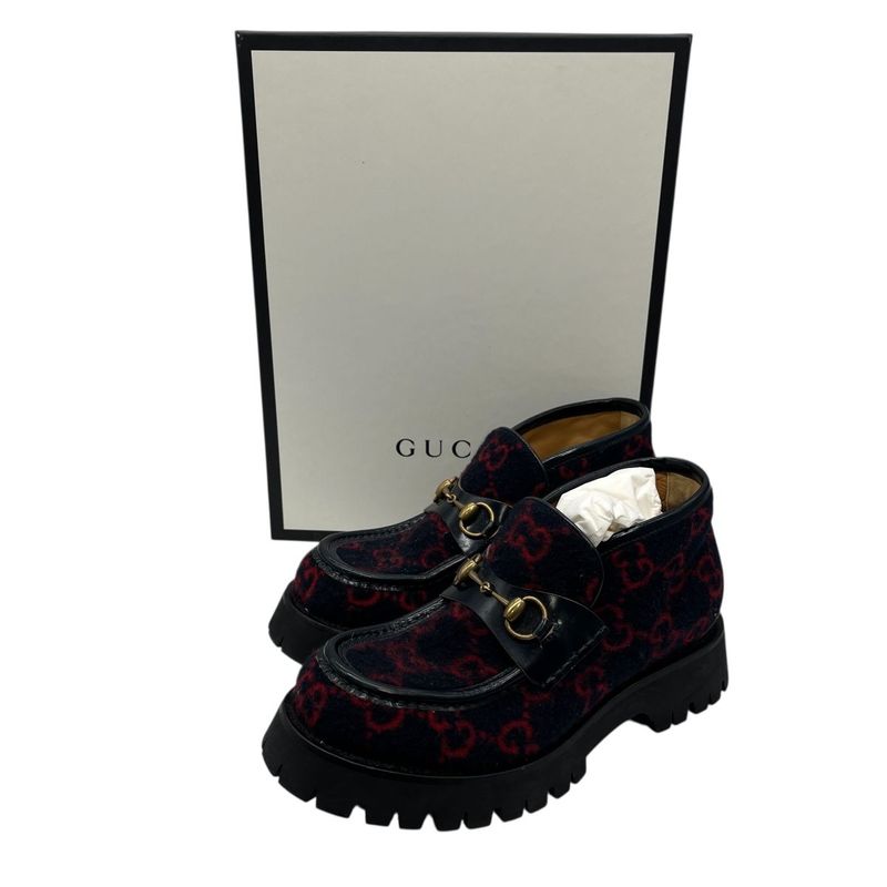 Gucci Boots Wool Horsebit Loafers 6 1 2 Navy Red GG Pattern Thick 2704 — view 2