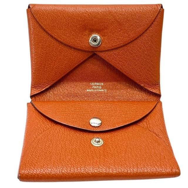 Hermes Calviduo Card Case Coin Pass Purse Foldable Chevre Orange — view 7
