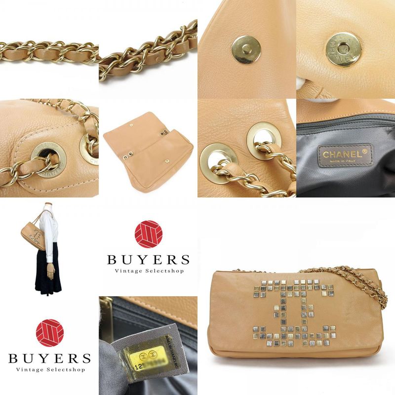 Chanel Shoulder Bag Chain Leather Beige Studded — view 9