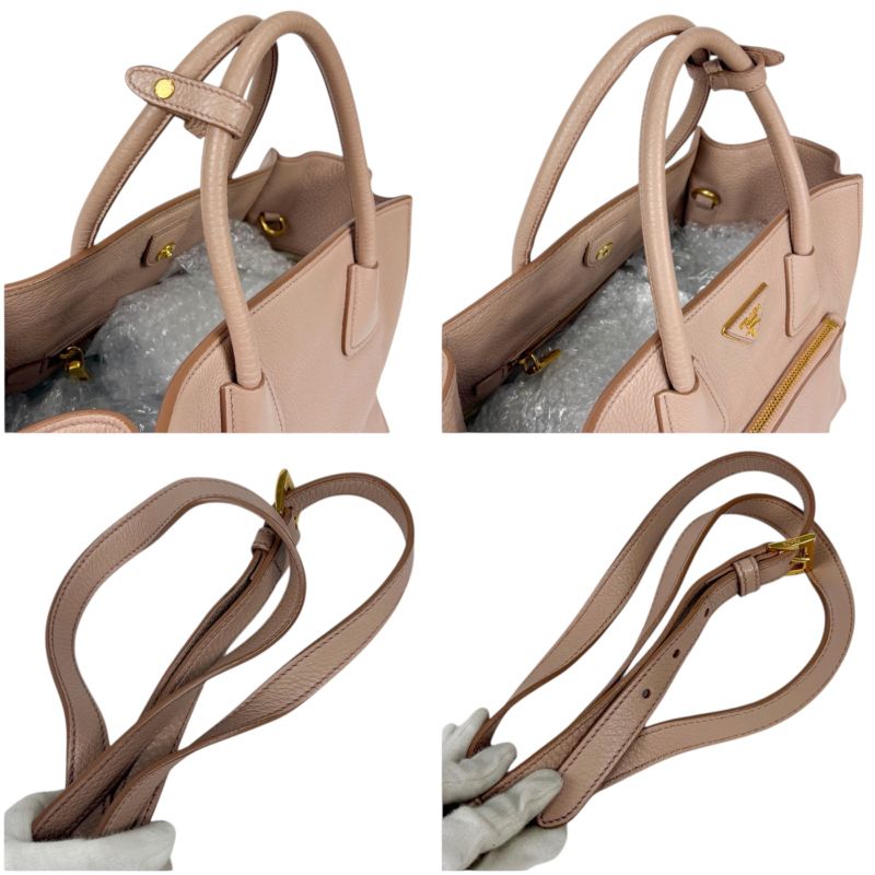 Prada 2-Way Tote Shoulder Bag Vittero Dino Leather Triangle Logo Pink Beige — view 7