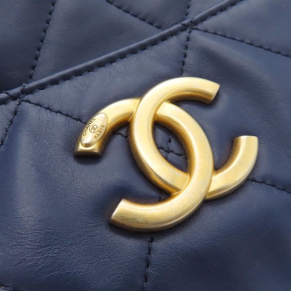 Chanel Tote Quilted Small Shopping Bag Calf Leather Navy Gold Hardware — view 9