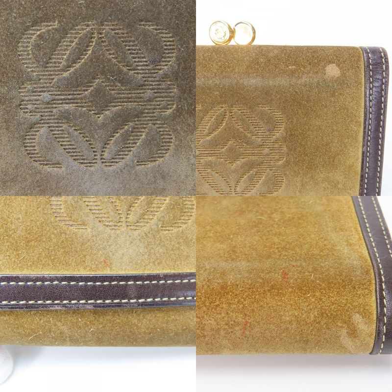 Loewe Trifold Wallet Suede Leather Khaki Brown Gold Hardware Anagram Clasp — view 4