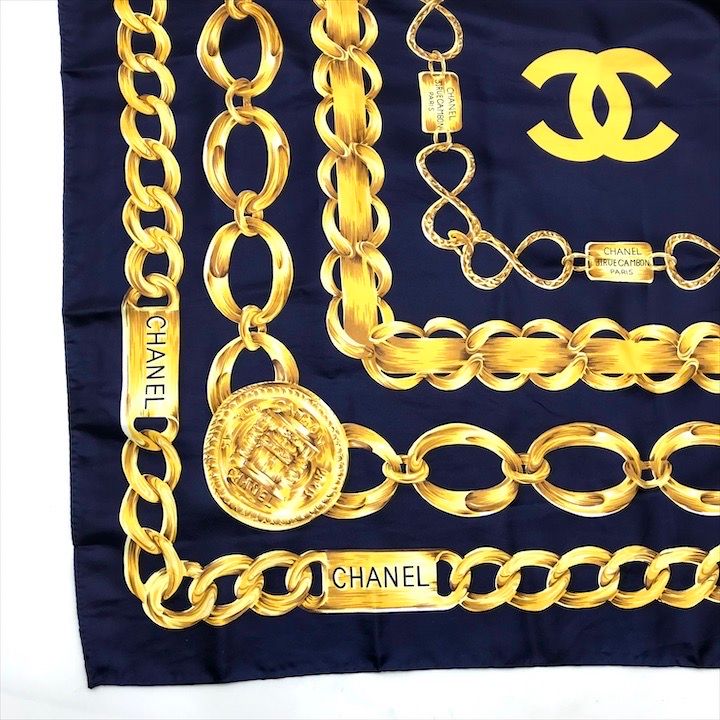 Chanel Chain Logo Scarf Large Silk 100% Navy — view 6