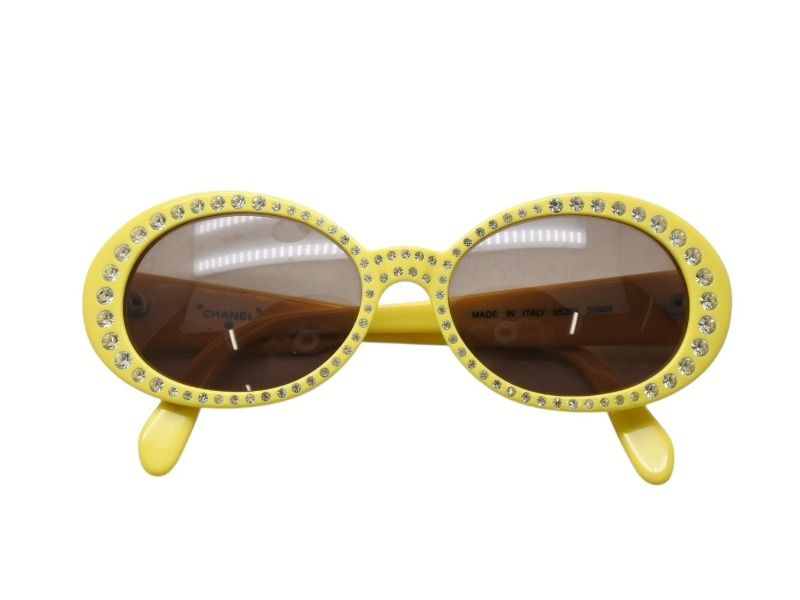 Chanel Oval Sunglasses Eyewear CC Logo Rhinestone Yellow
