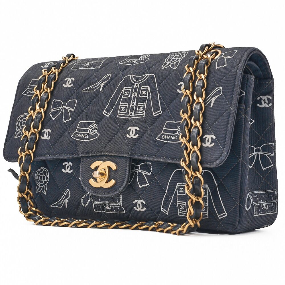 Chanel Quilted Double Flap 25 Icon Print Chain Shoulder Canvas Bicolor Black — view 2