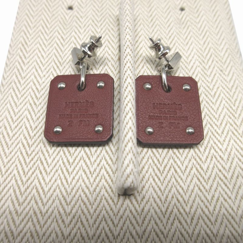 Hermes Asdecourt Heart Leather Metal Brown Silver Earrings — view 4