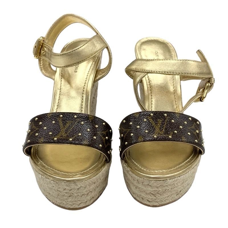 Louis Vuitton Starboard Line Monogram Sandals Shoes Leather Gold Brown Wedge — view 2