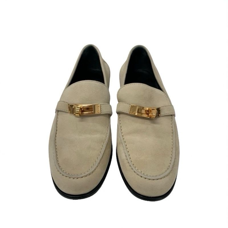 Hermes D'esting Loafers Leather Shoes Beige Gold Kelly Hardware — view 2
