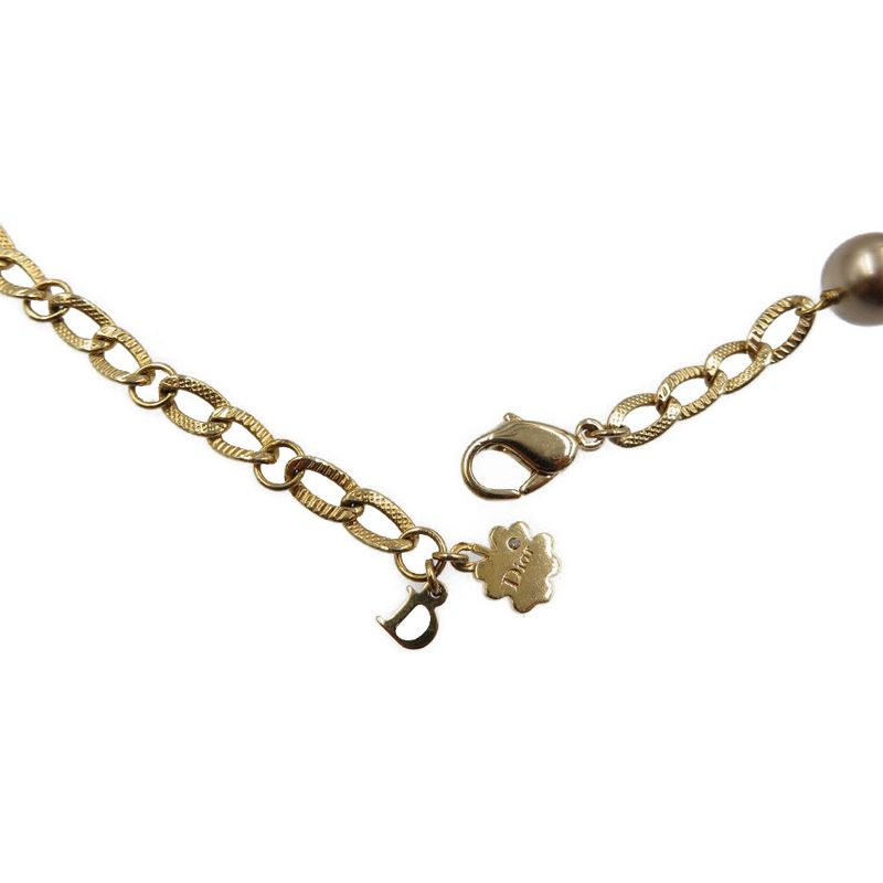 Christian Dior Pearl Chain Metal Faux Gold White Brown Necklace 0088 — view 5