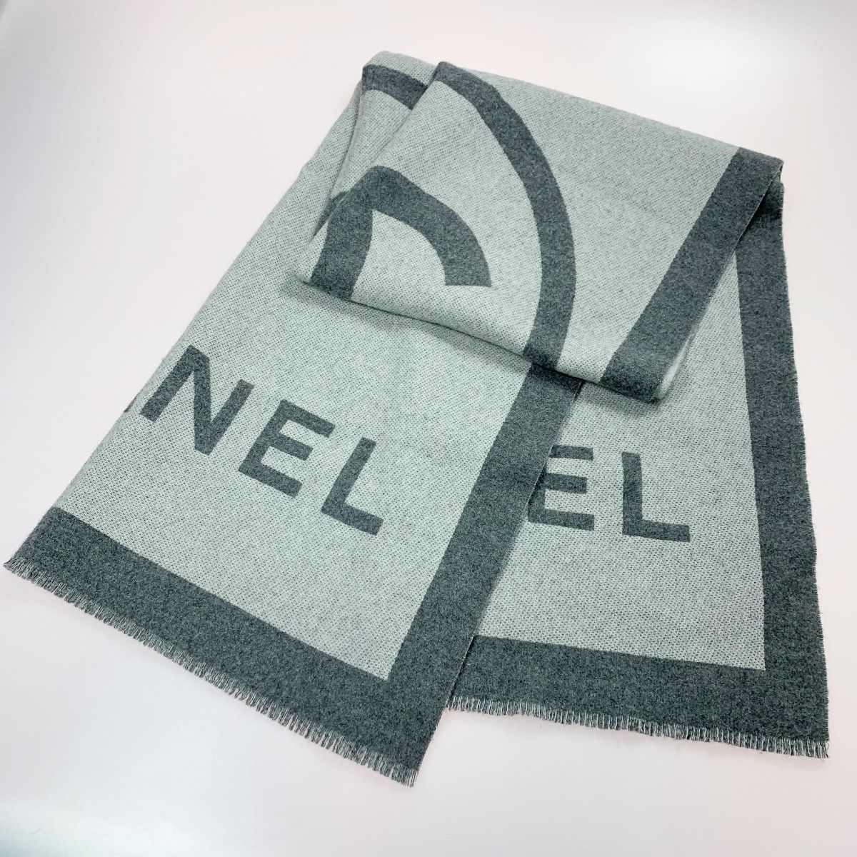 Chanel Coco Mark Large Gray Cashmere Silk Stole Shawl — view 3
