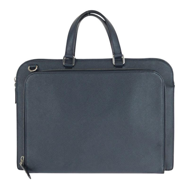 Prada Saffiano Triangle Logo Plate Navy Silver Hardware Leather Business Bag — view 2