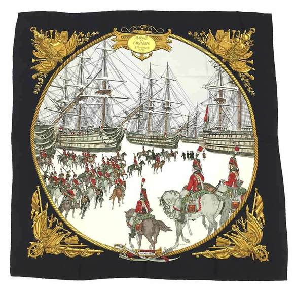 Hermes Carre 90 Marine Et Cavalerie Sea and Cavalry Large Scarf Black Multi All-over Print Silk — view 9
