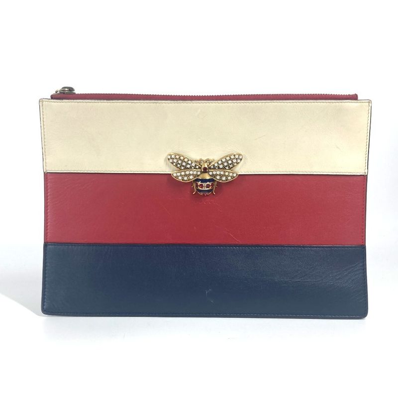 Gucci Clutch Bag Bee Striped Pearl Rhinestone Leather Red — view 2