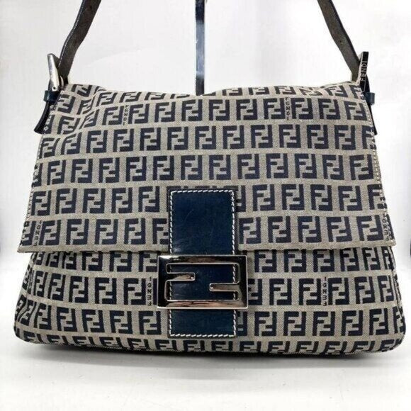 Fendi Mamma Zucca Bucket Baguette Navy Tan Flap Bag Purse Tote FF — view 6