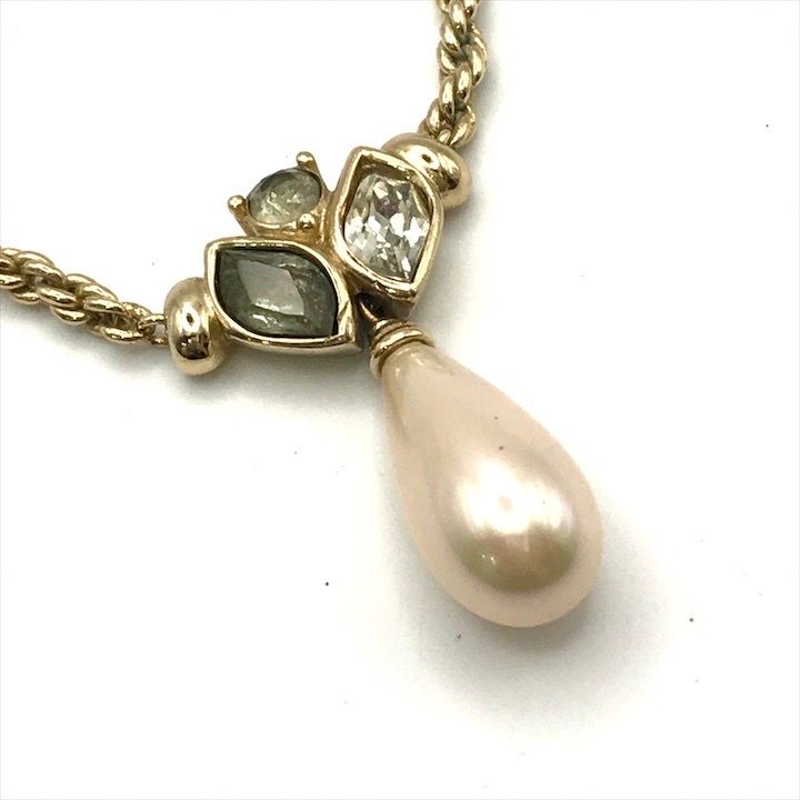 Dior Color Stone Faux Pearl Chain Necklace Gold — view 2