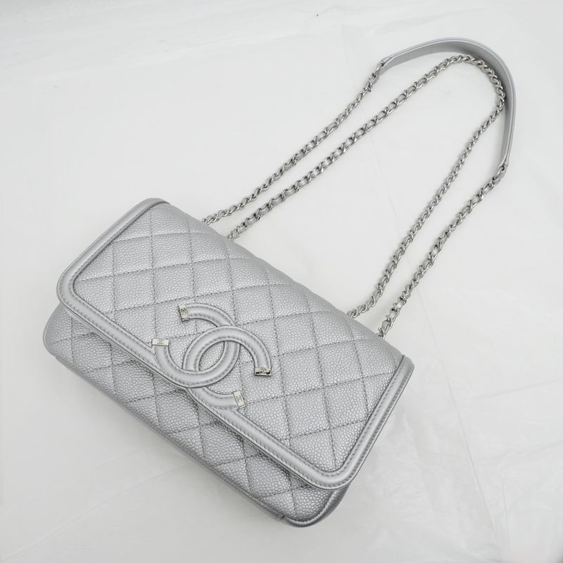 Chanel Small Chain Shoulder Bag Filigree Caviar Leather Silver Hardware — view 9