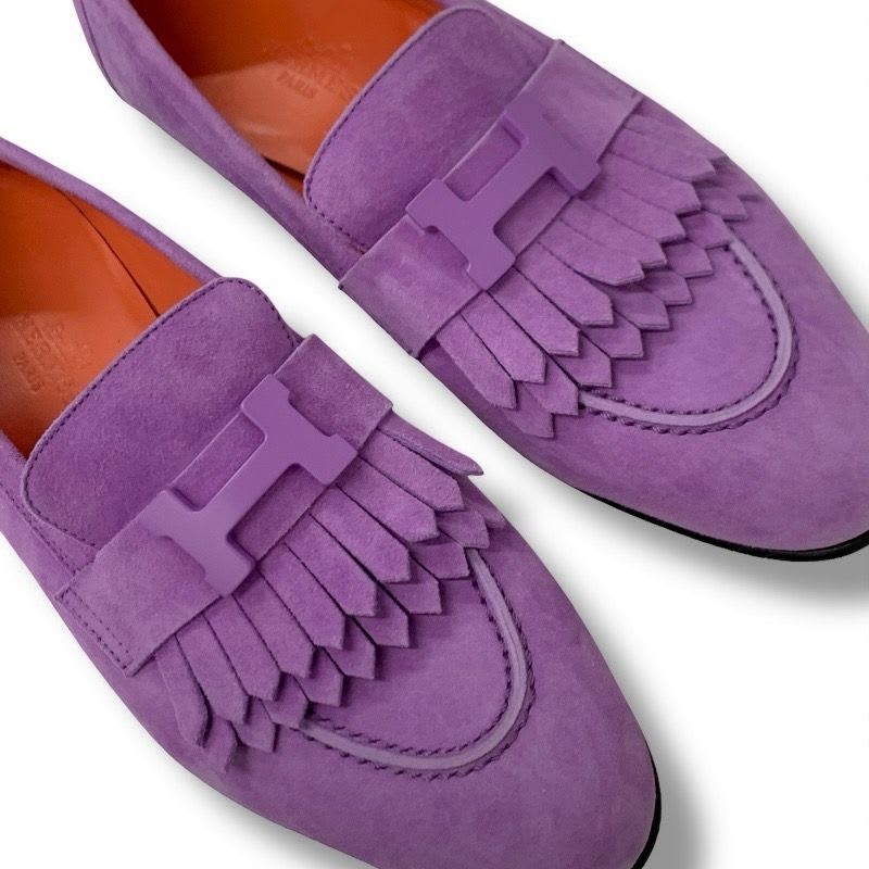Hermes Royale Loafer Leather Shoes Suede Purple Moccasin Flat Hhardware — view 9