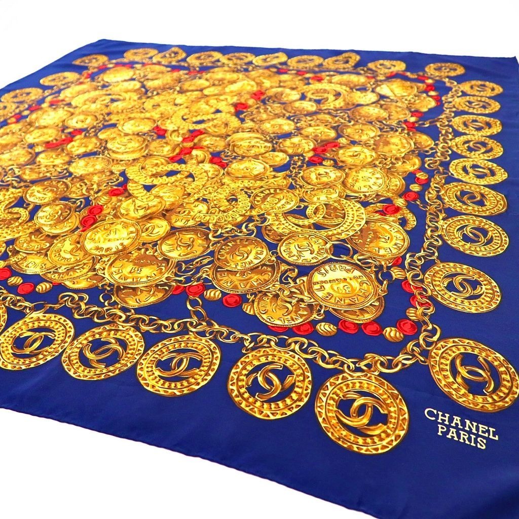 Chanel Scarf Navy Blue and Gold Silk All-Over Print Coco Mark Chain Jewelry — view 3