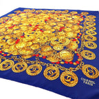 Chanel Scarf Navy Blue and Gold Silk All-Over Print Coco Mark Chain Jewelry — view 3