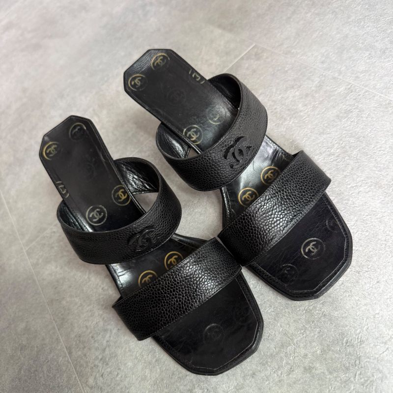 Chanel Coco Mark Caviar Leather Sandals Black 36 Mules — view 2