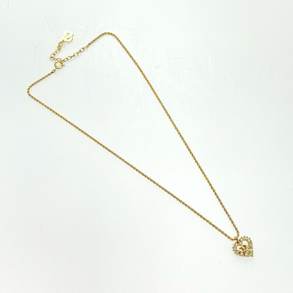 Christian Dior Logo Heart Rhinestone Necklace Gold GP — view 3